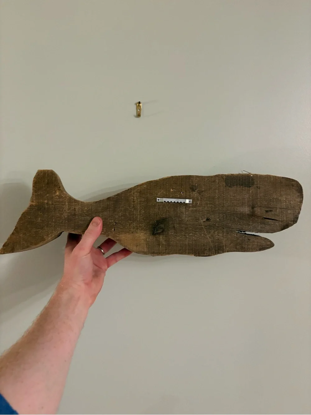 ⁠Hand Carved Wooden Sperm Whale Wall Hanging Rustic Barn Wood Coastal Folk Art
